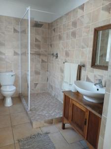 a bathroom with a toilet and a sink and a shower at Dollery House in Port Alfred +9 photos
