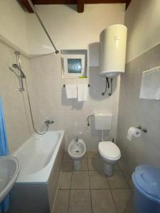 a bathroom with a toilet and a tub and a sink at Apartman Grospic in Cesarica +61 photos