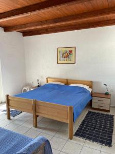 a bedroom with a bed with a blue comforter at Apartman Grospic in Cesarica