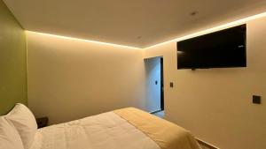 una camera da letto con un letto e una TV a schermo piatto sulla parete di CORTZA Hotel a Città del Messico Altre 19 foto