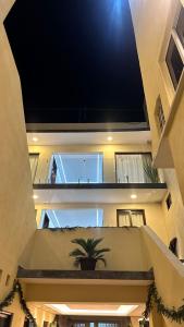 un soffitto di un edificio con una pianta in vaso di CORTZA Hotel a Città del Messico