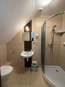 a bathroom with a shower and a sink and a toilet at Agroturystyka Struzka in Strużka +6 photos