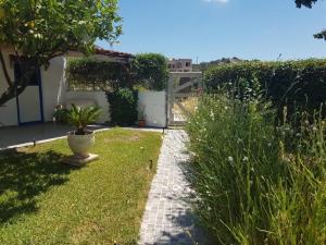 a garden with a plant in a vase in the grass at B&B Hestia's Hideaway in Kalívia Thorikoú