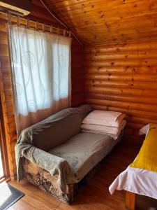 a bed in a log cabin with a window at Salcia Pletoasa in Mahmudia