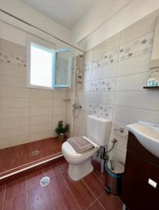 a bathroom with a toilet and a sink and a window at Moussa Erato in Agia Anna Naxos