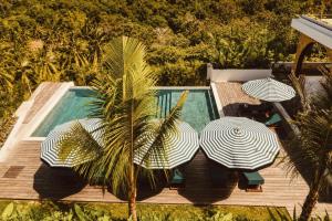 a swimming pool with two umbrellas and a palm tree at Kanalla Boutique Hotel - Adults Only in Kuta Lombok