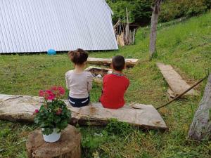 two children sitting on a log in a yard at Djedova koliba in Žabljak