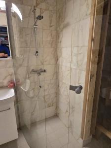 a shower with a glass door in a bathroom at LinnankadunHelmi in Savonlinna