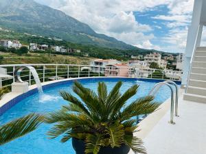 a swimming pool with a palm tree on a balcony at Garden studio apartmans in Dobra Voda