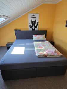 a bedroom with a blue bed in a room with yellow walls at Alexas Ferienwohnung in Windischeschenbach