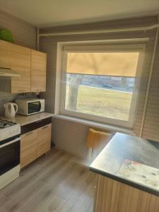 a kitchen with a window and a counter with a microwave at Cute Flat in Kėdainiai