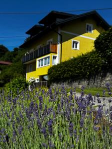 a yellow house with a field of purple flowers at Appartement Frieda in Seeboden