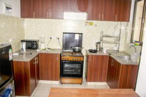 a small kitchen with a stove and a sink at Hidden Gems Homes Modern 2BR Near JKIA, Athi River in Athi River
