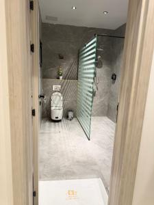 a bathroom with a toilet and a glass door at فندق ايلانا بلس in Farasan +24 photos