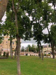 a park with trees and a building in the background at Vievija in Vievis