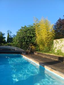 a swimming pool with blue water and a bridge at La Feuilleraie in Tours +4 photos