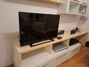 a large flat screen tv on a stand in a living room at Apartman Natali in Buzdohanj