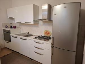 a white kitchen with a refrigerator and a sink at Apartman Natali in Buzdohanj
