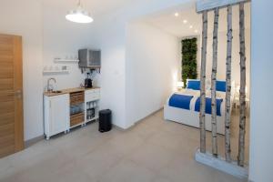 a small room with a bed and a kitchen at Artemis Escape Suites Srebrno Jezero in Veliko Gradište