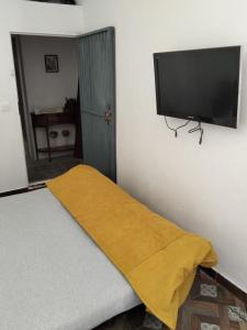 a bedroom with a bed and a flat screen tv at Finca Indalopez in Tabernas