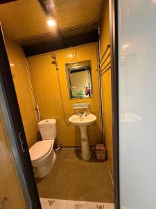 a small bathroom with a toilet and a sink at Fish Farm Uncle Thanh in Xóm Soi (1)