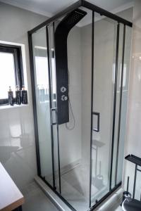 a shower with a glass door in a bathroom at Rooftop View Chios in Chios