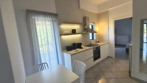 a kitchen with a table and a sink and a stove at Villa Rodanthi Sivota in Syvota