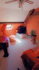 a bedroom with orange walls and a ceiling at Chambre et salon indépendants chez l'habitant in Pierre