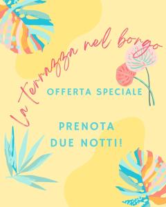 a poster for a presentation with tropical flowers and feathers at La terrazza nel borgo in Tortora