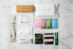 a group of products sitting on a marble counter at Cityroute Hotel in Osaka