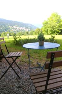a table with a potted plant sitting next to a bench at Stripe Studio in Bonne-sur-Ménoge
