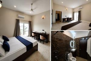 a hotel room with a bed and a desk at Glotus Hotel in Herbertpur +28 photos