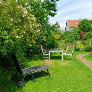two chairs and a table in the grass at Ferienwohnung Röder am Schwimmteich in Bischofsheim an der Rhön