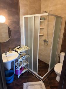 a bathroom with a shower and a sink and a toilet at Центр солнечного берега in Sunny Beach