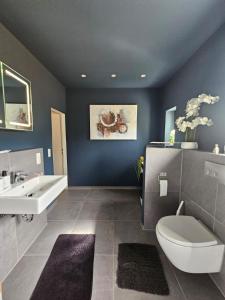 a bathroom with a white toilet and a sink at Ferienwohnung Stella in Zülpich +17 photos