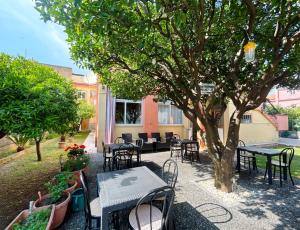 a patio with tables and chairs under a tree at Pensione Affittacamere Miriam in Scalea