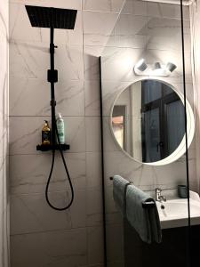 a bathroom with a shower and a sink and a mirror at La suite 44 in Le Locle +2 photos