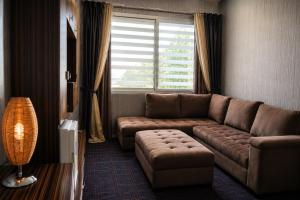 a living room with a brown couch and a window at Orty Airport Hotel in İzmir