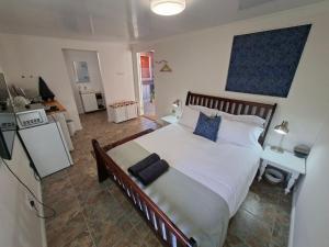 a bedroom with a large white bed with blue pillows at Hope Street Studio in Kuilsrivier