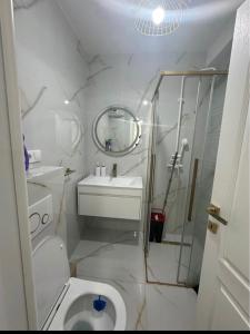 a white bathroom with a shower and a toilet at Cosy luxury apartament in Baia Mare