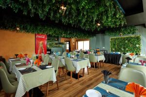 a dining room with tables and chairs and plants at Meadows Residency in Ooty