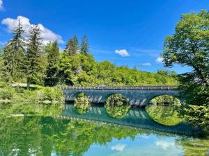 a bridge over a river with reflections in the water at Appartement à Vouglans in Lect