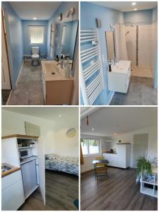 three different views of a bathroom and a room at Omnia in Saint-Maixent-lʼÉcole