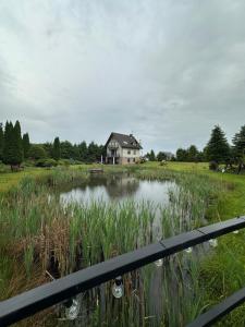 a house in the middle of a field with a pond at Willa nad stawem in Mezowo