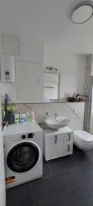 a bathroom with a washing machine and a sink at Messe Apartment BIN in Hildesheim