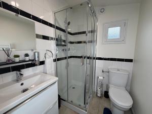 a bathroom with a shower and a toilet and a sink at Studio moderne climatisé - Parking gratuit - Paris & Disney in Ormesson-sur-Marne