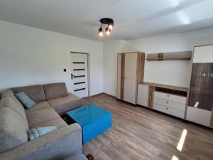 a living room with a couch and a tv at Mazurska przystań 2 in Gąsiorowo Olsztyneckie