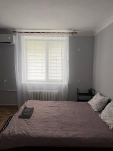 a bedroom with a large bed with a window at Cozy Grey Studio in Chişinău
