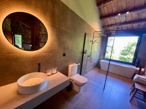 a bathroom with a sink and a toilet and a mirror at CABAÑA SUITE Deluxe in A Pontenova