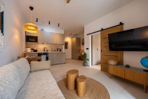 a living room with a couch and a tv at Asini deluxe suite 6, with rooftop terrace and breathtaking views in Asíni